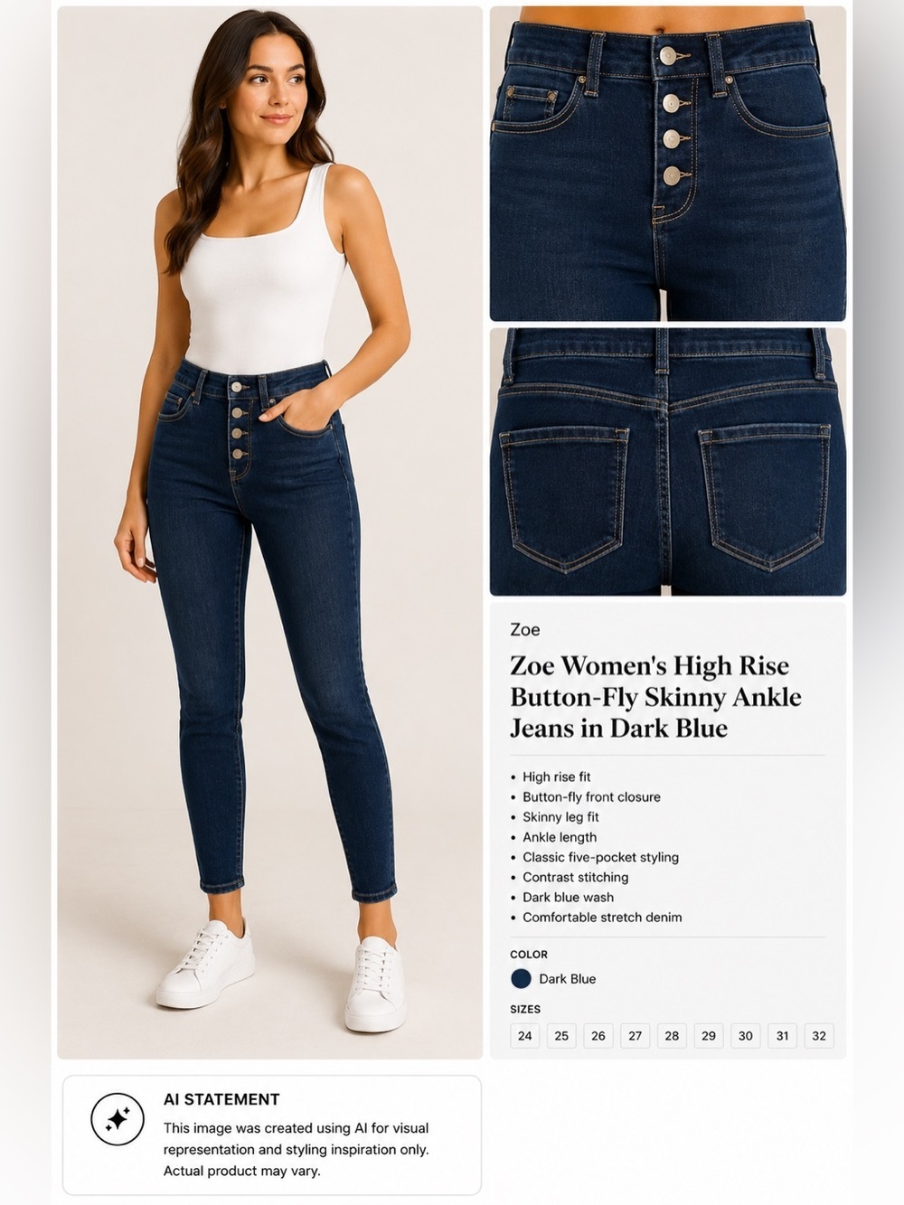 Zoe Women's High Rise Button-Fly Skinny Ankle Jeans in Dark Blue
